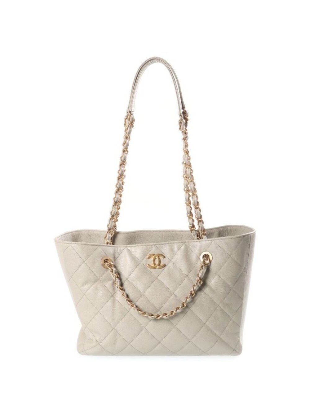 Chanel Quilted Tote Bag CC Logo Gold Caviar Leather Light Beige